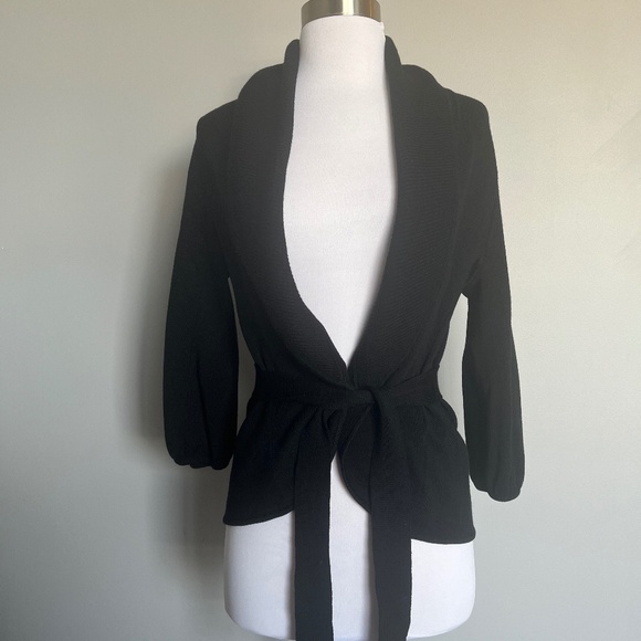 BCBG Maxazria Open Sweater Women Black 100% Merino Wool Belted Kimono Cardigan S - Picture 1 of 11